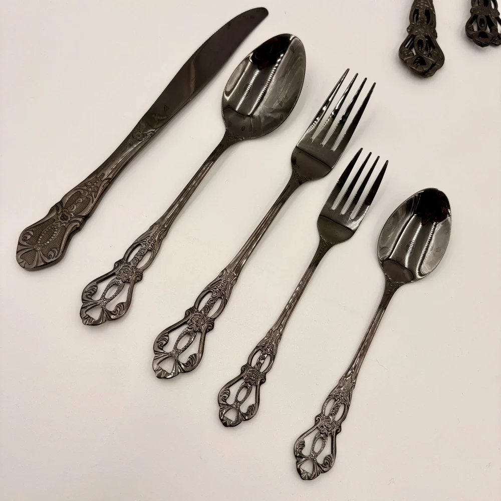 Baroque Gunmetal Black Rose Filigree Flatware 20pc Gothic Victorian Halloween
